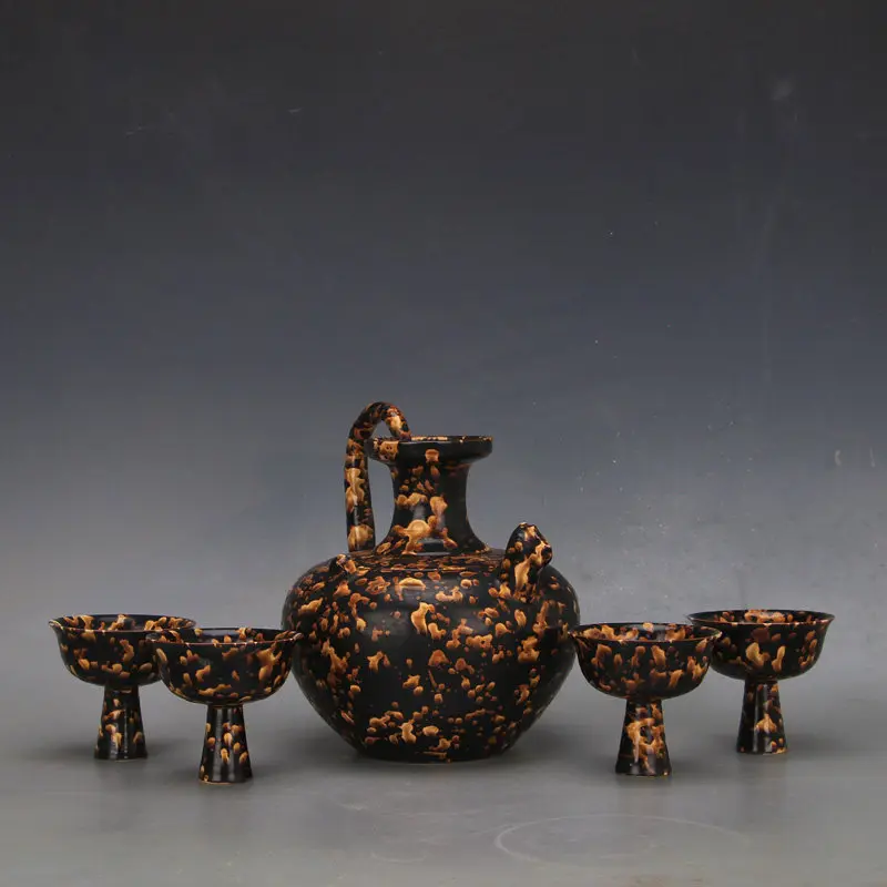 Song Jizhou Kiln Style Black Glaze Tiger Stripe Chicken Head Ewer High Foot Cup Set Chinese Porcelain Home Decor Collectible