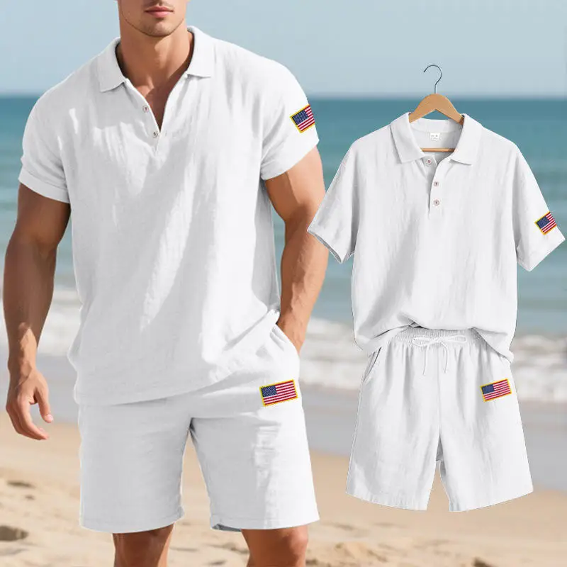 

Summer Men's Casual Linen Independent Day Logo Shirt Short Sleeve Beach Set Shorts Men's Clothing T-Shirt Short Pants