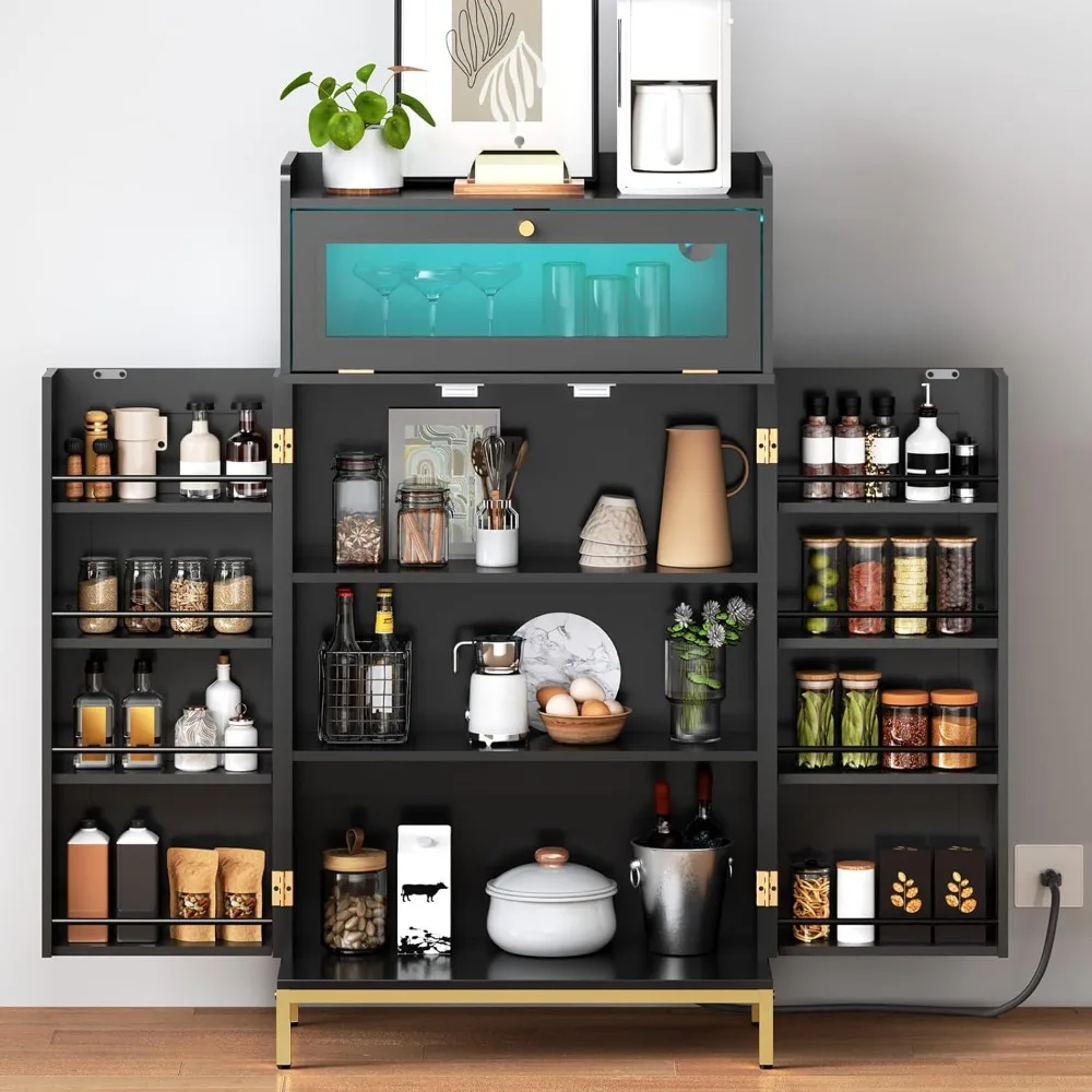 

Pantry with Charging Station, Kitchen Pantry with LED Light and Storage Rack, Kitchen Food Cabinet with Acrylic Drawer Doors, S