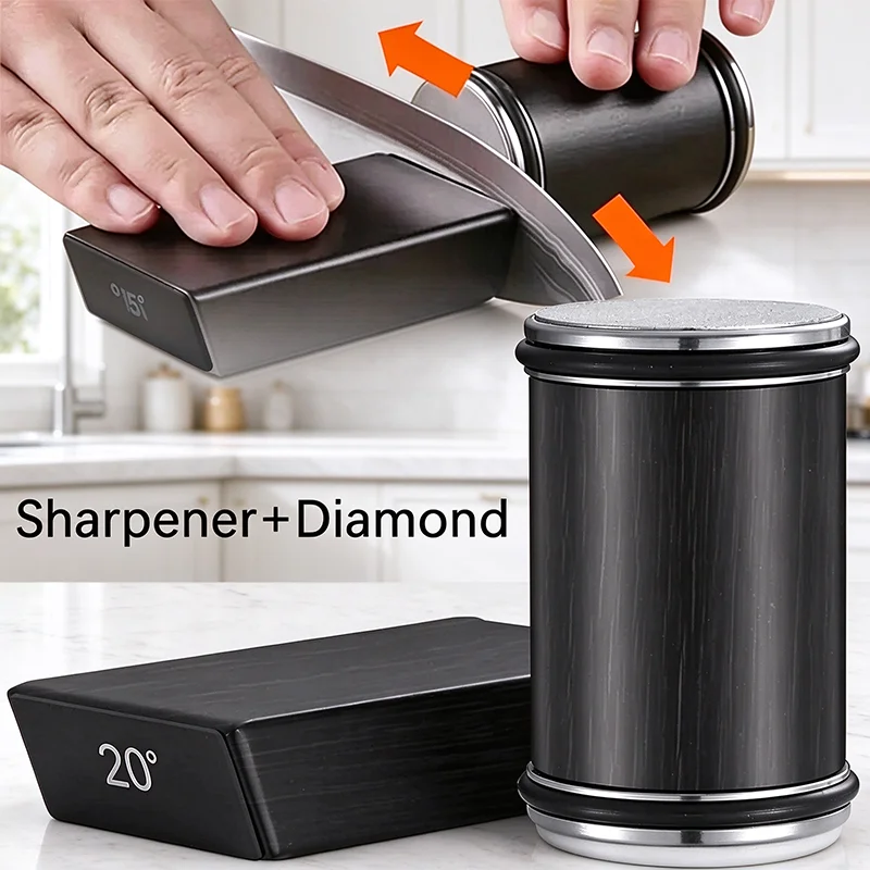 Rolling Knife Sharpener Kit with Diamond Sharpening Stone, Magnetic Knife Holder, 15/20 Degree Angle Roller for Kitchen