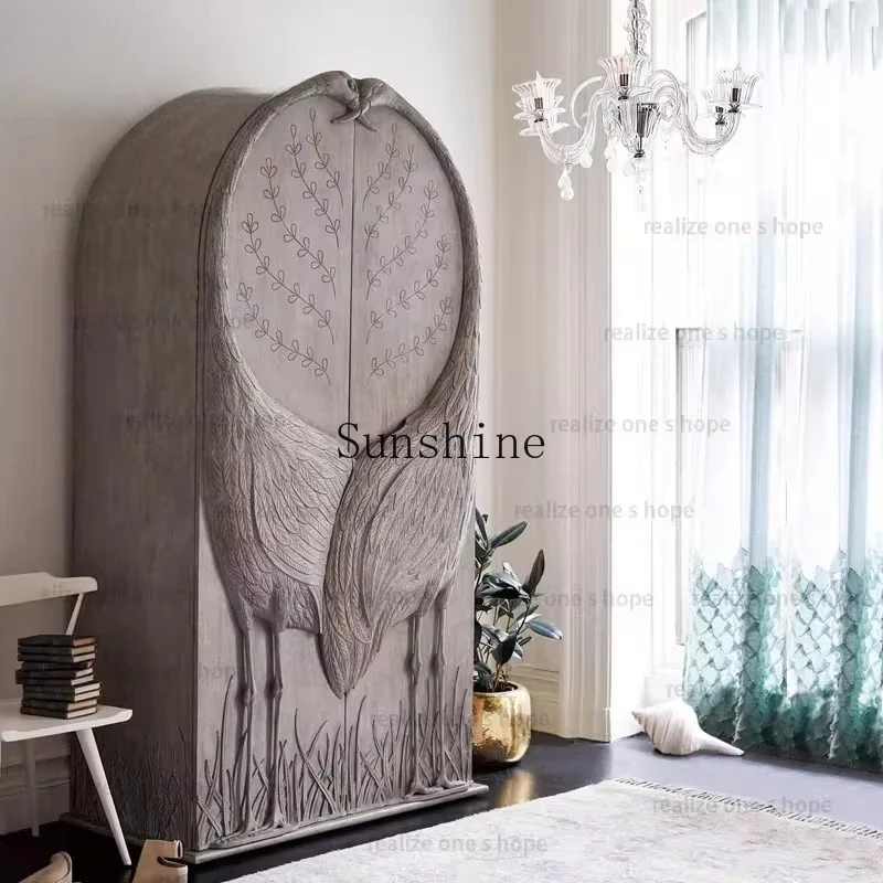 American light luxury wardrobe decorative cabinet relief crane bird two door locker  FT
