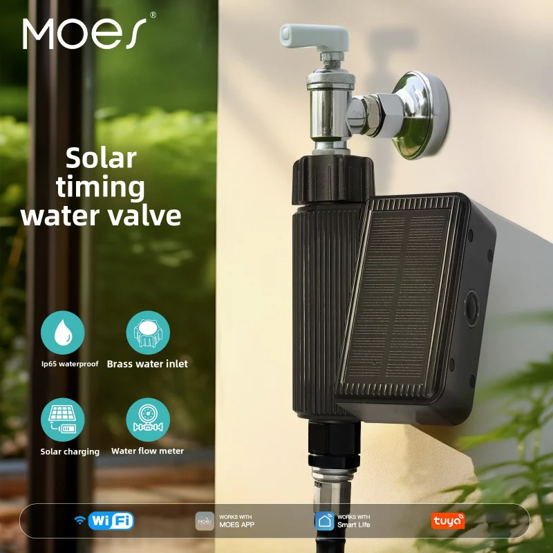 MOES Tuya Smart WiFi صمام مياه الري مع التطبيق التحكم عن بعد الموقت بالطاقة الشمسية مقياس التدفق
