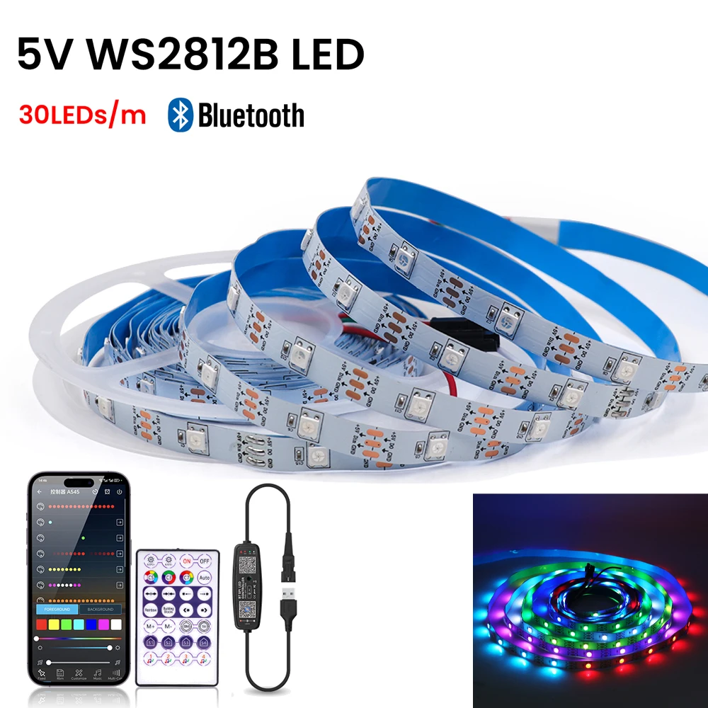 5V WS2812B RGB LED Strip Light USB Bluetooth APP Remote Control 5050 Flex Ribbon Lamp PC TV Living Room Atmosphere Light Decor