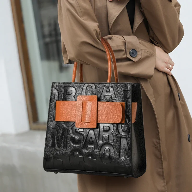 Aidrani Cowhide Leather Women Tote Bag Embossed Letter Color‑block Handbag Large Capacity Crossbody Purse for Office Dating