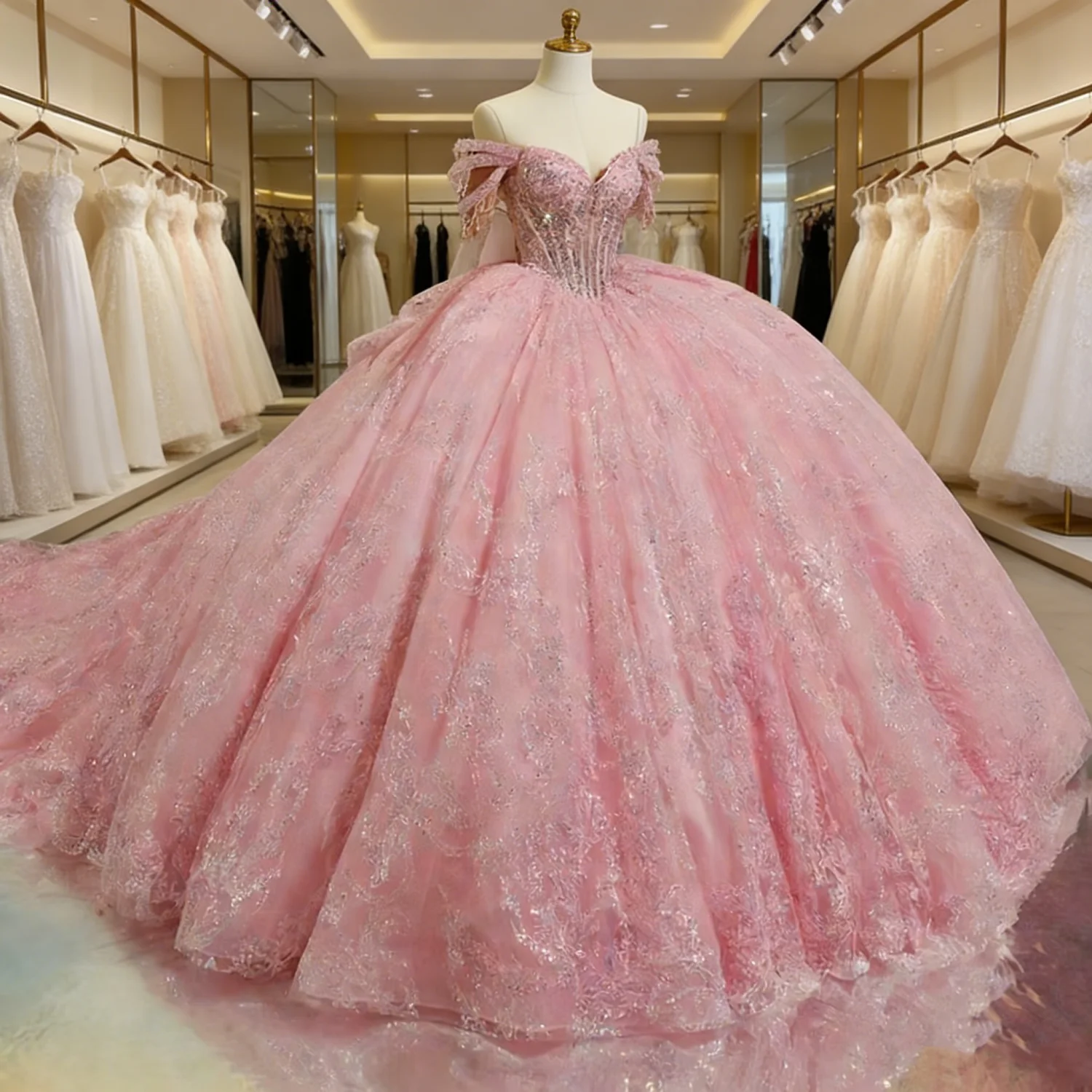 

Charming Pink Princess Girl Quinceanera Dresses Off Shoulder Crystal Lace Up Ball Gown Prom Occasion Party Wedding 15 Customized