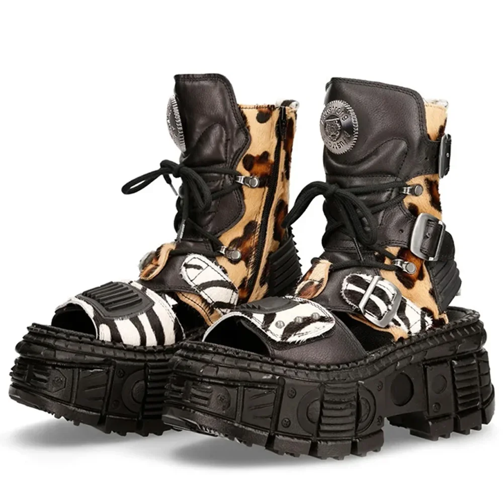 Bottes de moto Punk pour femmes, sandales de gladiateur à bout rond et semelle épaisse, mi-mollet, couleurs mélangées, plateforme Rome nouée en croix