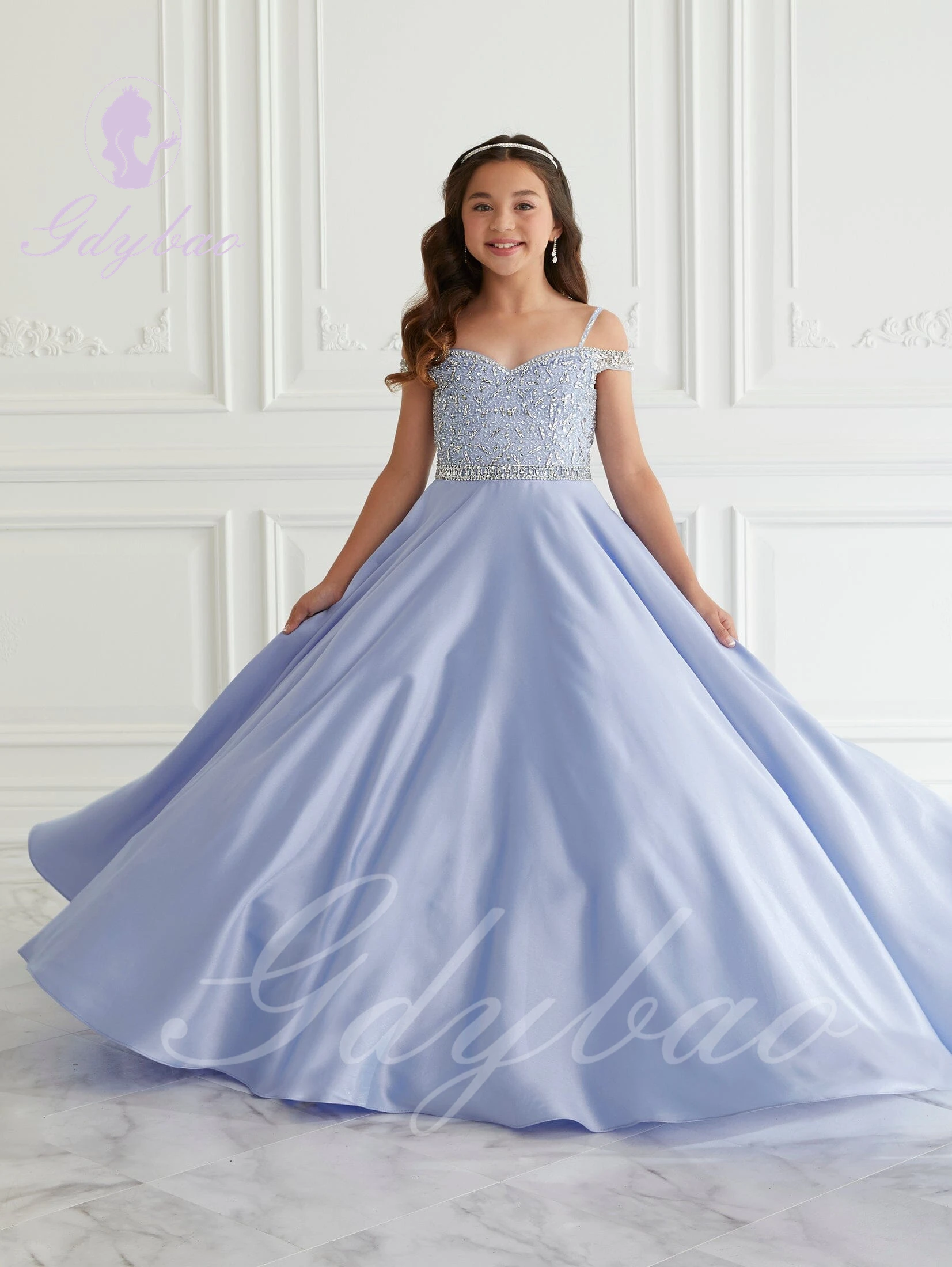 

Blue Beaded Flower Girl Dress For Wedding Puffy Suspenders Tulle Kids Birthday Christmas First Communion Party Ball Gowns