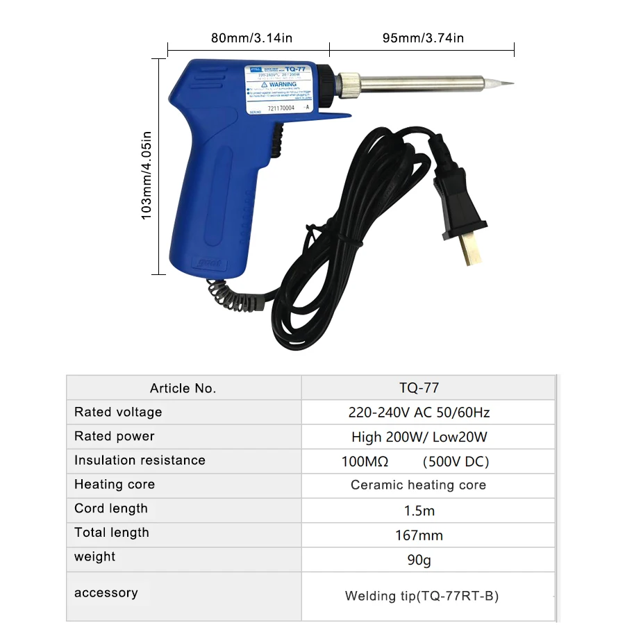 Japan GOOT Quick Heat Soldering Gun 20-200W Pistol Type Welding Iron China Plug 220V TQ-77