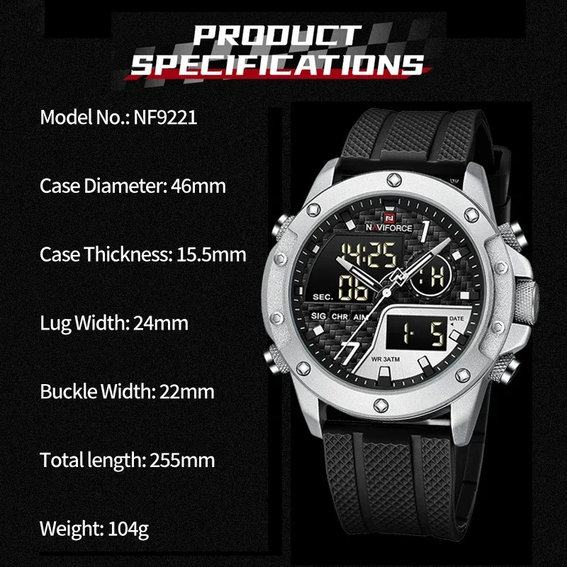 2024 NAVIFORCE Sports Waterproof Digital Display Man Clock Trend Casual Comfortable TPU Strap Luminous Quartz Men Watch