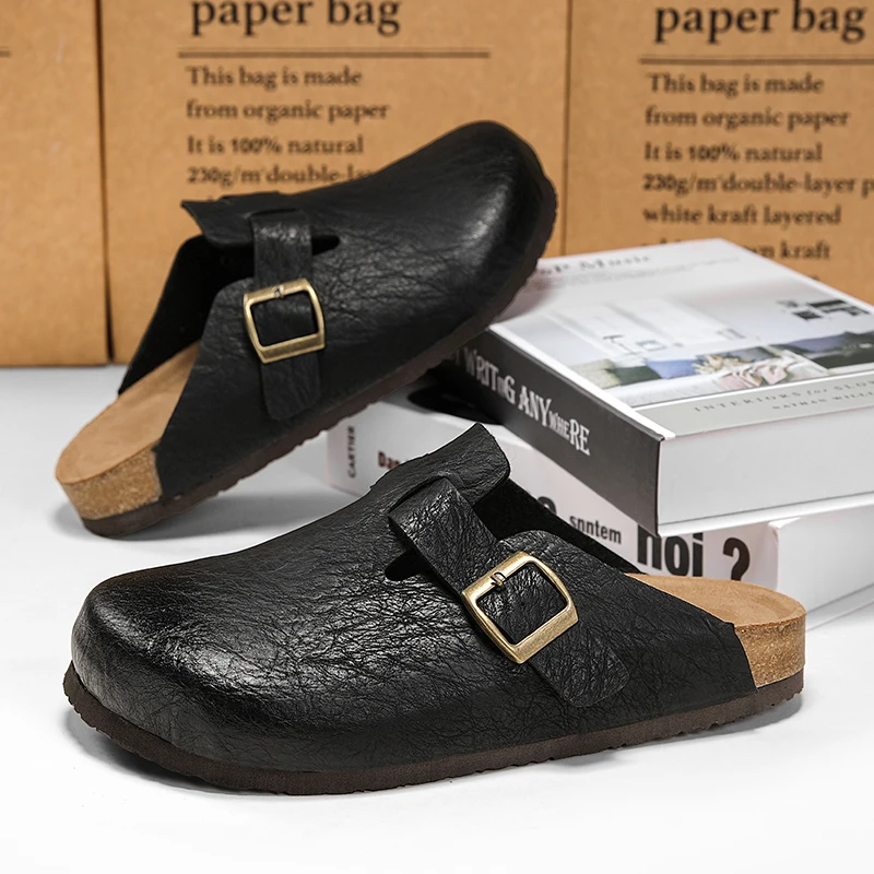

Comfort Classic Unisex Cork Leather Slippers Closed Toe Backless Sandals with Adjustable Buckle Slip-on Health Footbed Slides