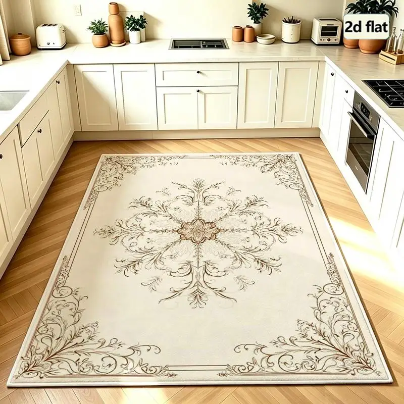 Carpet Flooring Cream Line Art Floral Square Area Rug Elegant Vintage Sketch Ornament Floor Carpet Room Decor