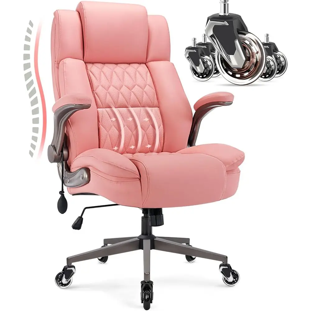 

Эргономичное офисное кресло с высокой спинкой, регулируемой поясничной опорой, мягкими подлокотниками, прочными колесами, металлическим основанием, дышащей кожей