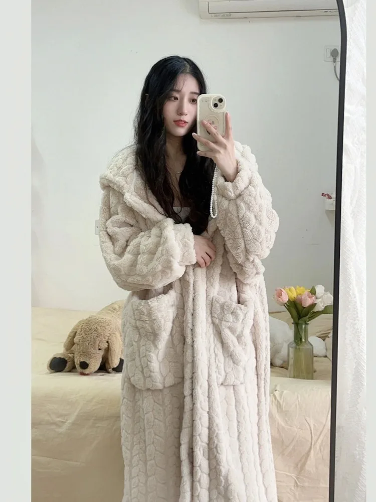 Hooded Robes Women Pockets Solid Leisure Special Cute Warm Winter Nightwear Soft Korean Style Design Ladies Vintage Age-reducing