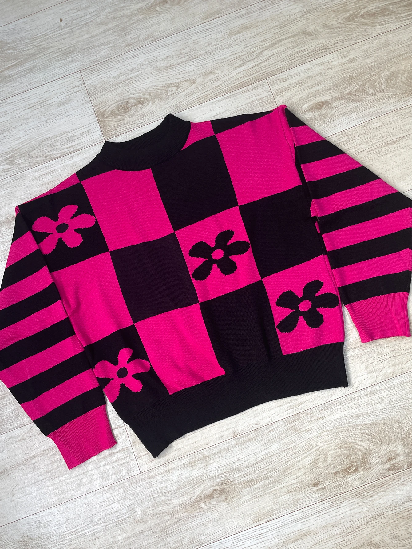 2025 Nieuwe Populaire Vintage Bloem Check Print Trui Splice Kleur Mode Harajuku Ronde Hals Hoge Kwaliteit Trui Y2k Voor Vrouwen