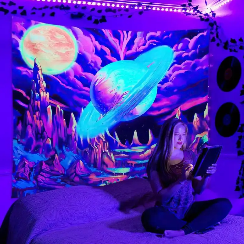 VIKAMA Fluorescent Vibrant Ringed Planet Alien Cliffs UV Glow Tapestry Hallucinogenic Wall Decor Accent Soft Durable Cozy Gift