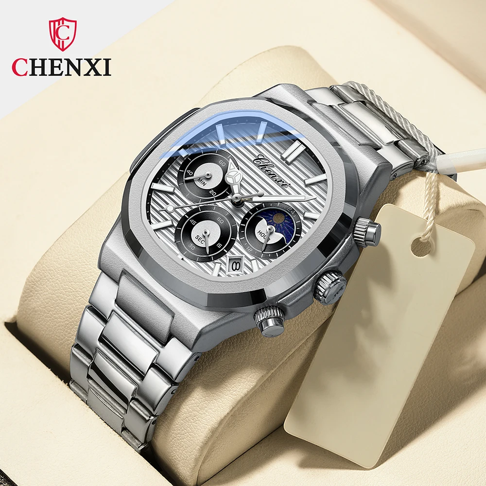 2023 New CHENXI Luxury Watch Men Business Fashion Waterproof Stainless Steel Chronograph Moon Phase Quartz Wristwatch Male Clock