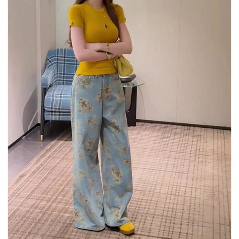 

Women's Vintage Yellow Flower Print Blue Denim Jeans Girl Trousers Casual Summer Bottoms Female High Waist Wide Leg Denim Pants