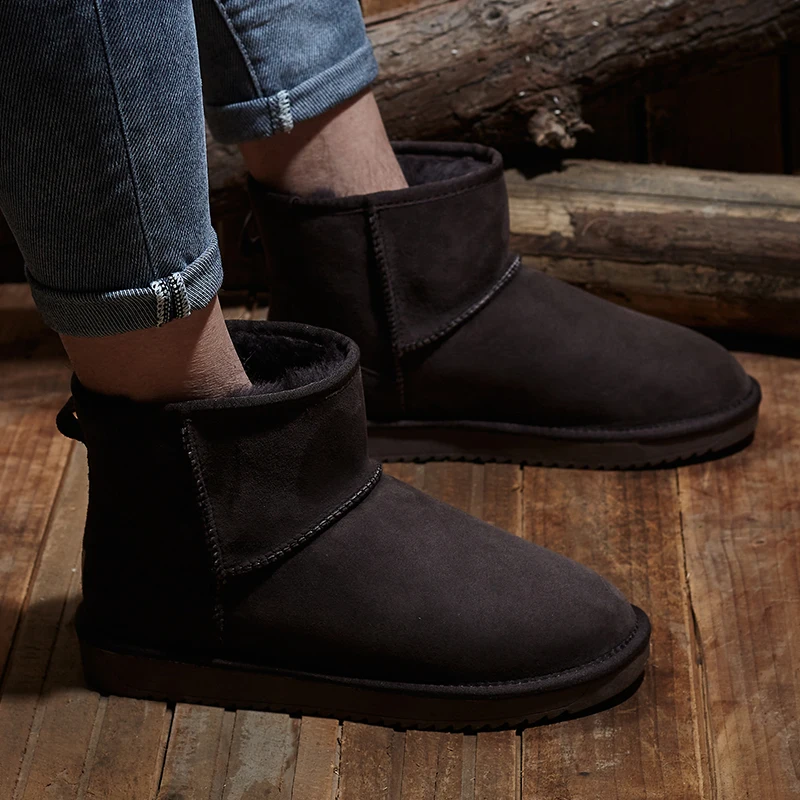 KZZO Size 37-48 Australia Classic Real Sheepskin Suede Leather Men Sheep Wool Fur Lined Winter Short Ankle Snow Boots Grey Shoes