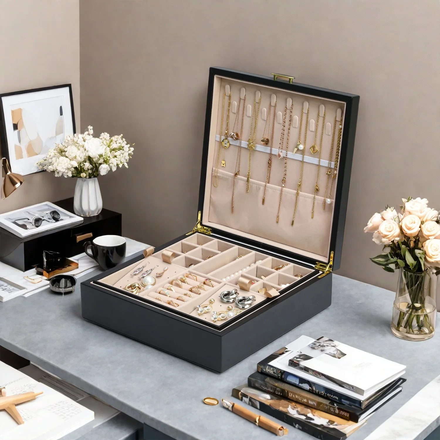 1pc Elegant Double Layer Jewelry Storage Box With Lock For Ring Necklace Earring Organizer Display For Case