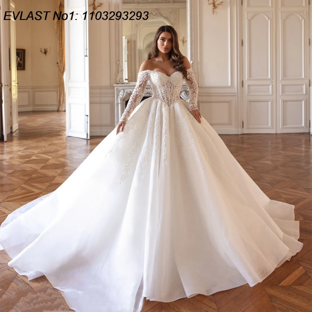

EVLAST Customized Sparkly A Line Wedding Dress Lace Applique Long Sleeve Beading Bride Bridal Gown Vestidos De Novia TBD182