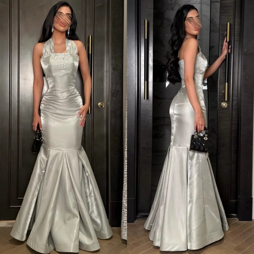 

Customized Modern Style Matching Charmeuse Rhinestone Ruched Mermaid Halter Long Dresses Bespoke Occasion Dresses Exquisite Sexy