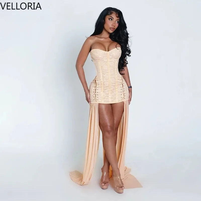 

Nude Beige Lace-Up Corset Hi-Low Party Dress Sexy Strapless Bustier Peplum Gown with Slit Elegant Cocktail Dress Customized
