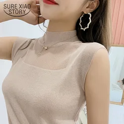 Sexy Tank Tops Women's Summer Ice Silk Shirt  Street Vest 2023 Spring Knitwear Half Turtleneck Solid Thin Knit Clothing 2922