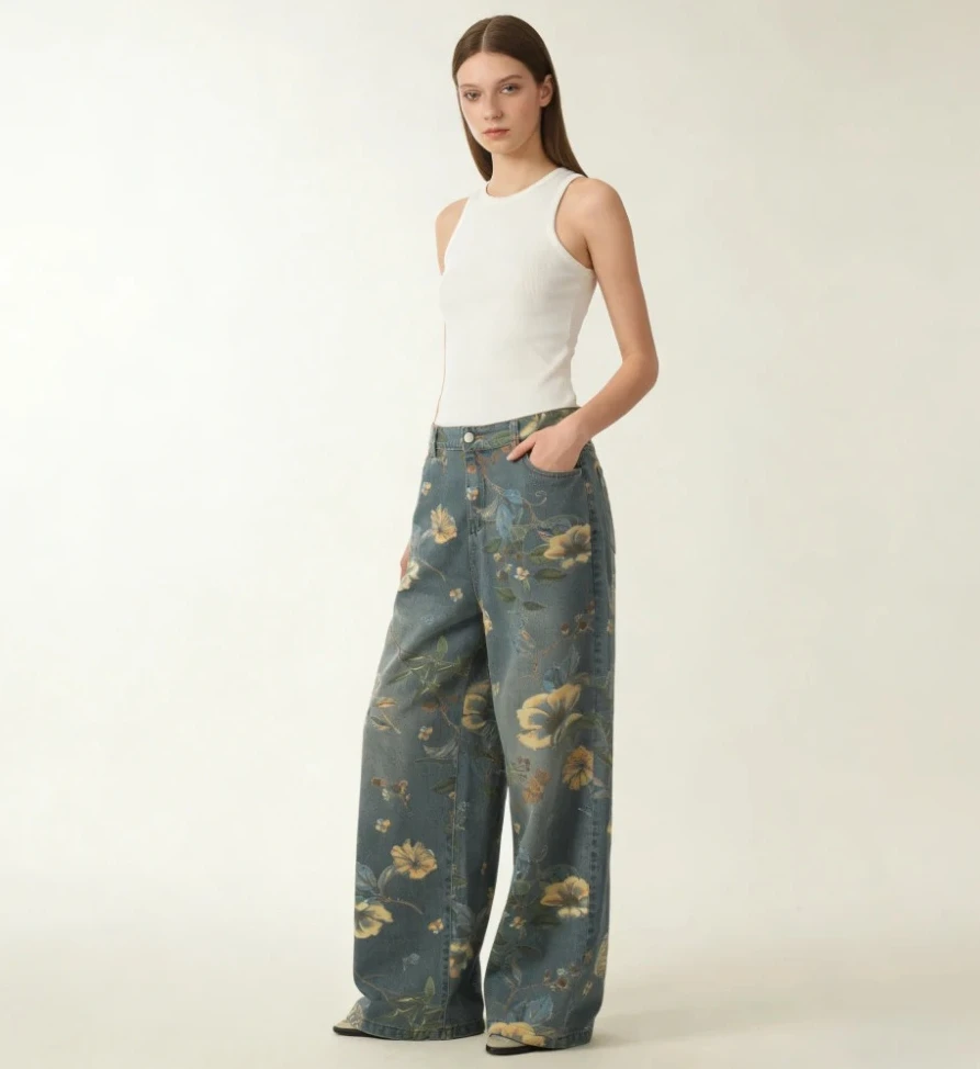 

Джинсы Y2K в стиле хип-хоп, прямые, с мелким цветочным принтом, женские широкие брюки, уличная мода