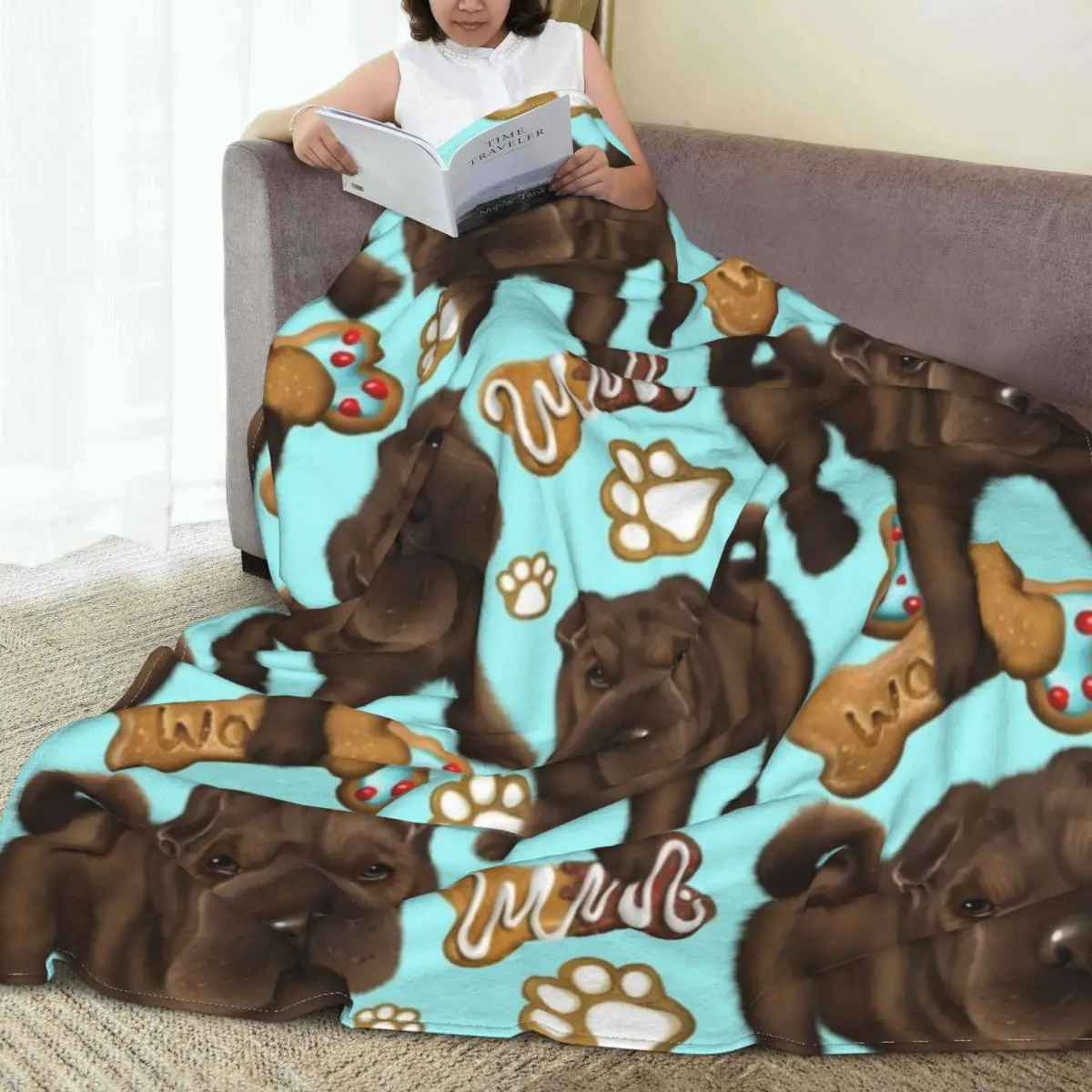 Shar Pei Blue Biscuits Flannel Blanket Quality Warm Soft Funny Dog Throw Blanket Spring Travel Living Room Pattern Bedspread