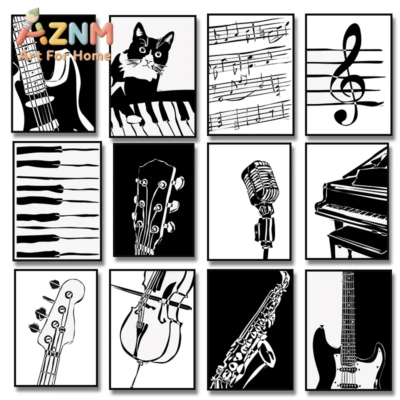 1pc frameless Black and White Piano Keys Note Violin Guitar with Cute Cat Canvas Prints Music Poster for Living Room Home Decor