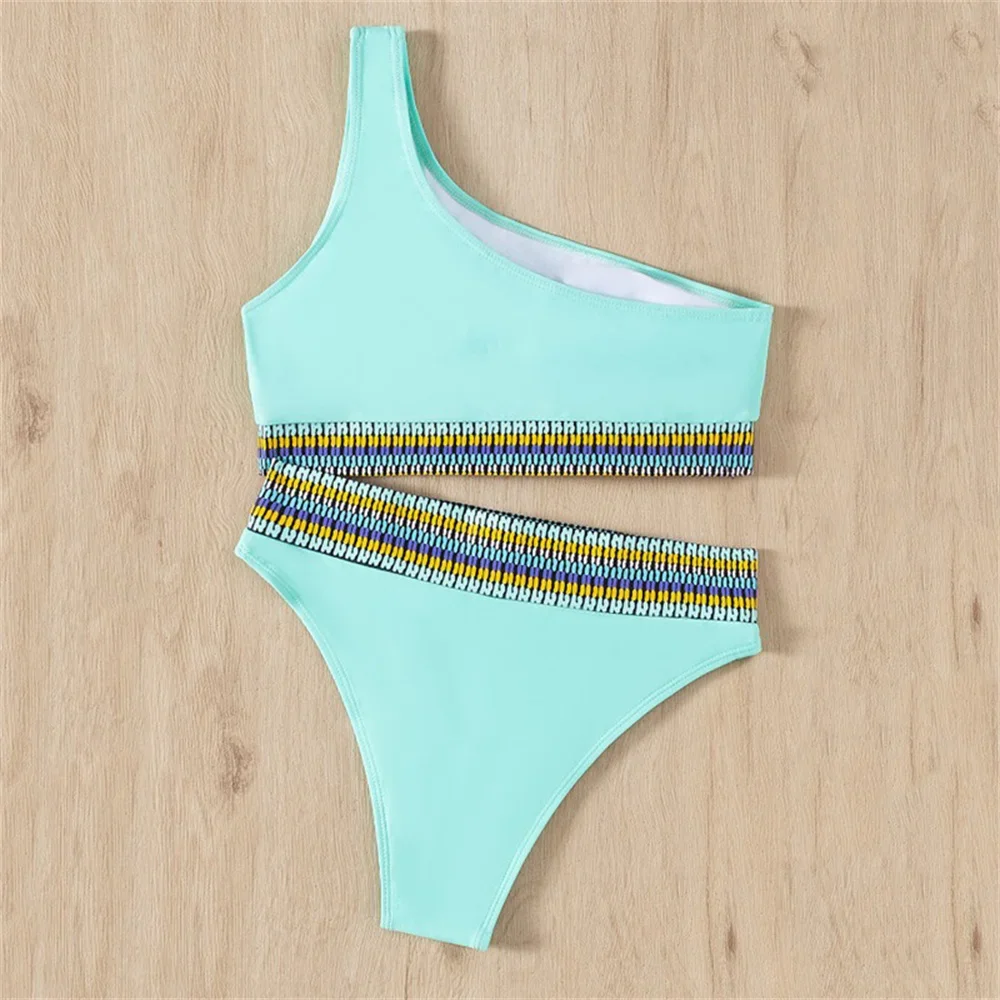 Bikini de un solo hombro, traje de baño Bandage de retales, traje de baño de cintura alta, traje de playa para mujer, traje de baño Y2K, Bikinis femeninos