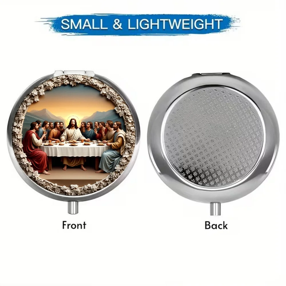 A Two-Dimensional Pill Storage Box Depicting the Last Supper and His Disciples, Designed for Religious Purposes. It Has Three Compartments, Is Portable, and Can Easily Fit into a Wallet or Purse, Making It an Ideal Household Item.
