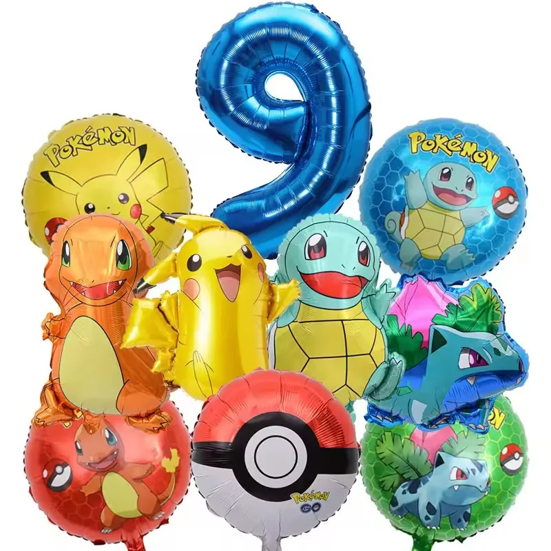 10-teiliges Pokemon-Luftballons-Set, Pikachu-Pokemon-Ball-Luftballons, 32 Zoll, blauer Zahlenballon für Kinder, Dekoration für die 1.-9. Geburtstagsfeier