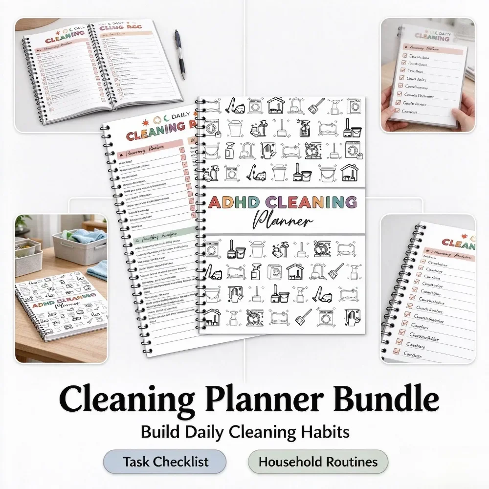 ADHD Friendly Cleaning Planner Kit, Weekly & Monthly Home Cleaning Schedule, Year-Round Household Chores Organizer with Tips, Easy Task Tracking