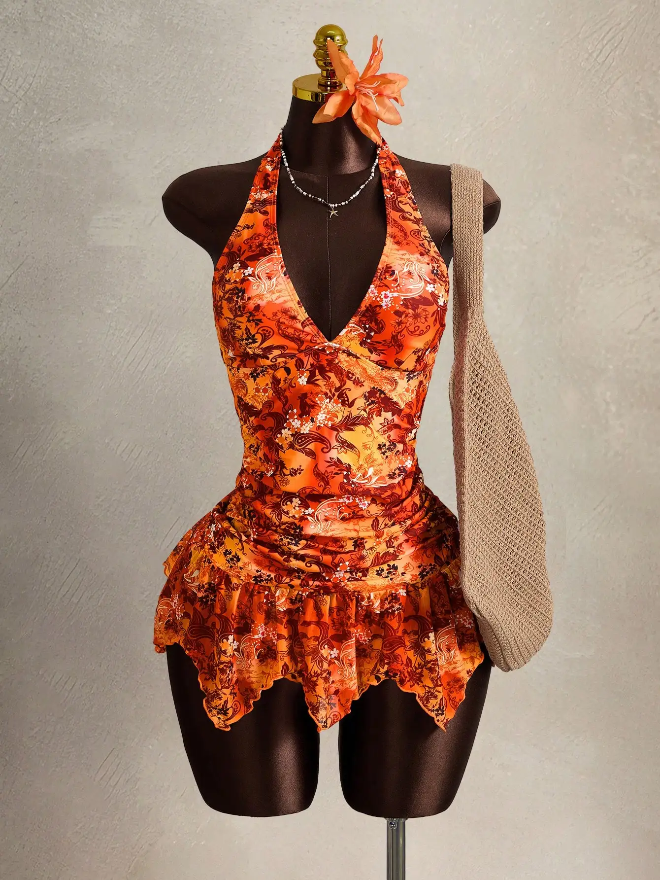 

Women's 2 Piece Swimsuit With Ruched Waist Deep V Halter Neck Floral Cake Skirt