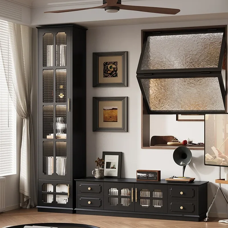 American retro TV cabinet small apartment floor-to-ceiling bookcase storage locker integrated living room home TV background
