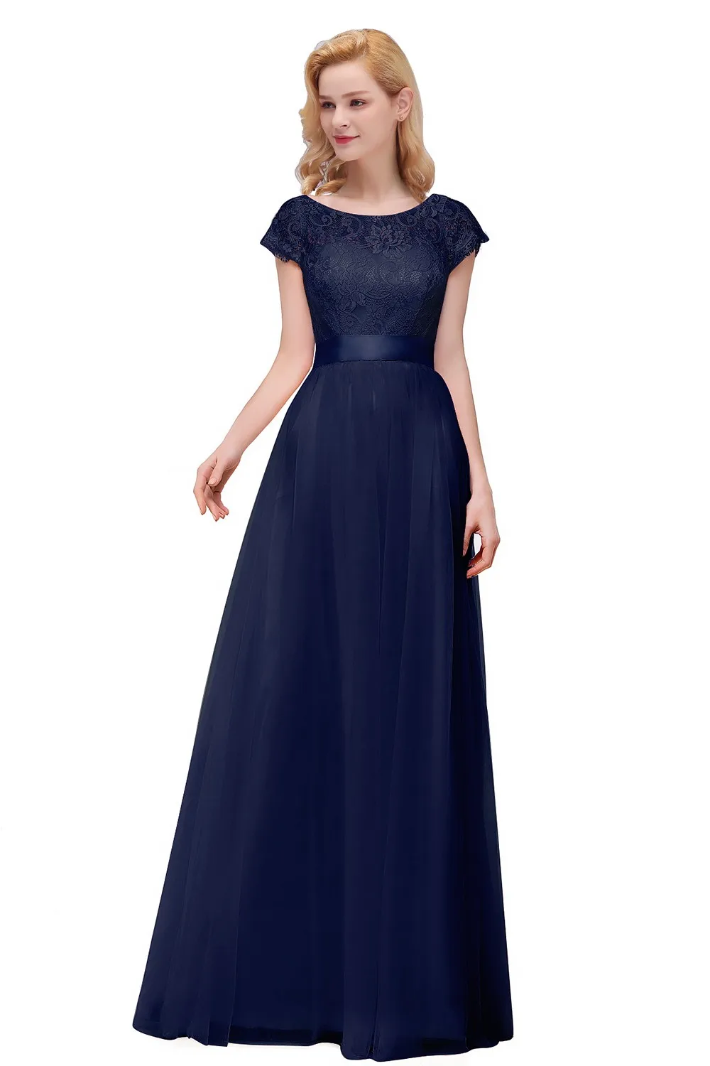 2024 New Bridesmaid Dress Elegant Lace Tulle Evening Dress A-line Short Sleeve Formal Wedding Prom Evening Party Gowns with Bow