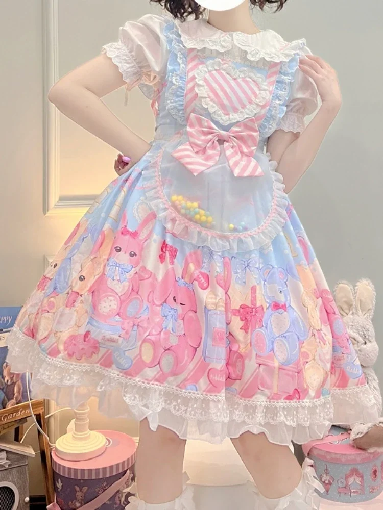 

Sweet Girl Cute Lolita Dress Cartoon Printing Heart-shaped Bow Sleeveless Lace Ruffles JSK Dress Soft Girly Camisole Dress Maid