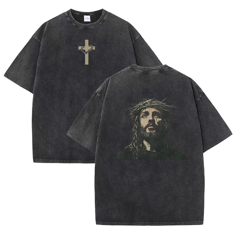 Men's Religious Graphic Tee - Jesus Crown of Thorns Oversized Cotton T-Shirt Casual Streetwear