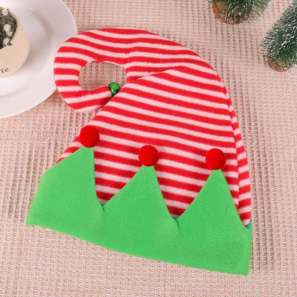 Outdoor Red Christmas Hat Ball Green Stripe Xmas Cap Soft Patchwork Santa Elf Hat Boy