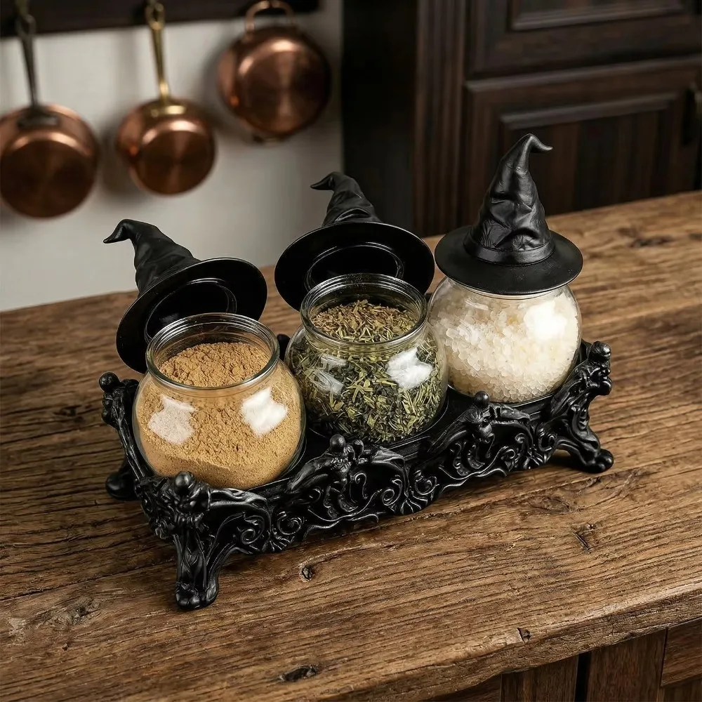 Funny Glass Apothecary Spice Jar Set Witch Hat Lid Vintage Witch Spice Jar Gothic Style Spice Container Salt