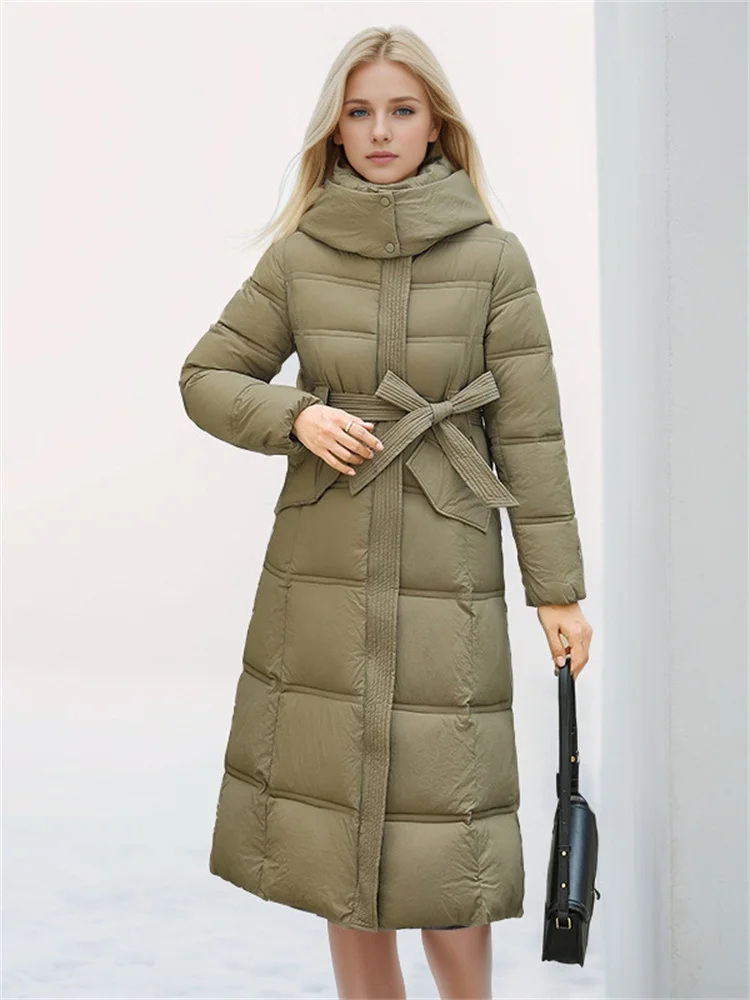 Women\'s Padded Jackets Long 2024 Winter New Fashionable Temperament Hooded Cinched Waist Ties Thickened Warm Coat