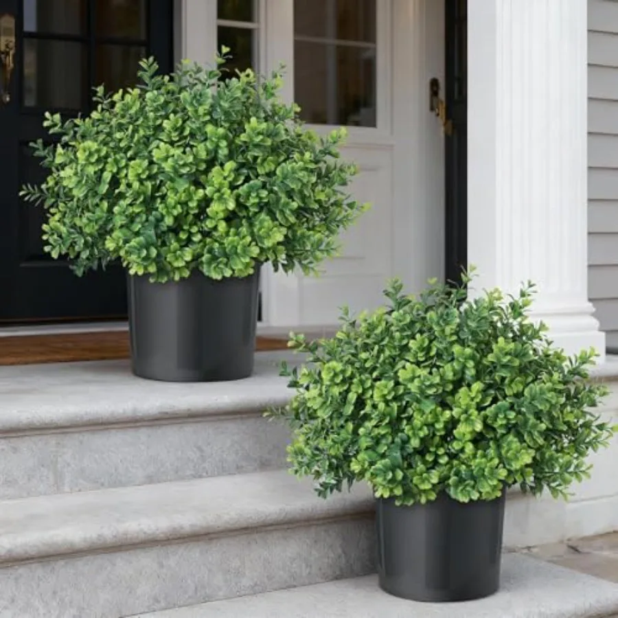 

Set of 2 Artificial Boxwood Topiary Trees for Front Door - Faux Realistic Greenery Potted Plants, Fake Outdoor UV-Resistant Bus