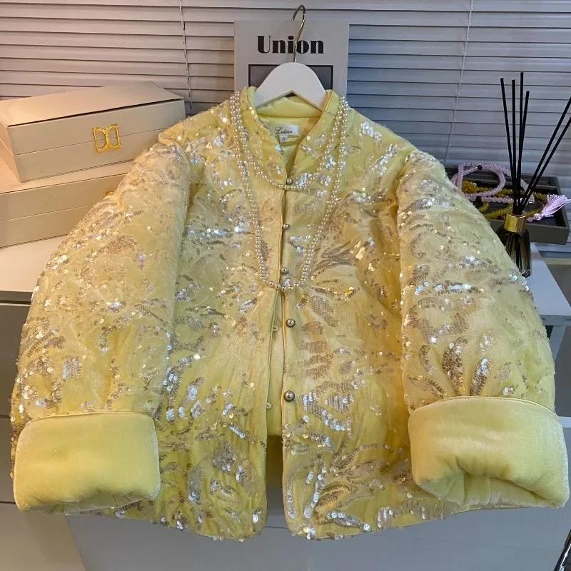 

Heavy Industry Soft Warm Chinese-style Cotton-padded Coat Velvet Sequined Zhongkai New Chinese-style Jacket Cotton-padded Coat