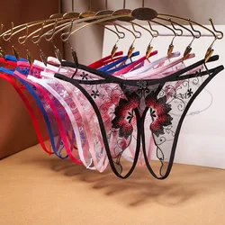 Sexy Lingerie Floral Print Crotch Opening Women's Panties Lace Thongs See-Through Temptation Women Underwear Erotic Pantys