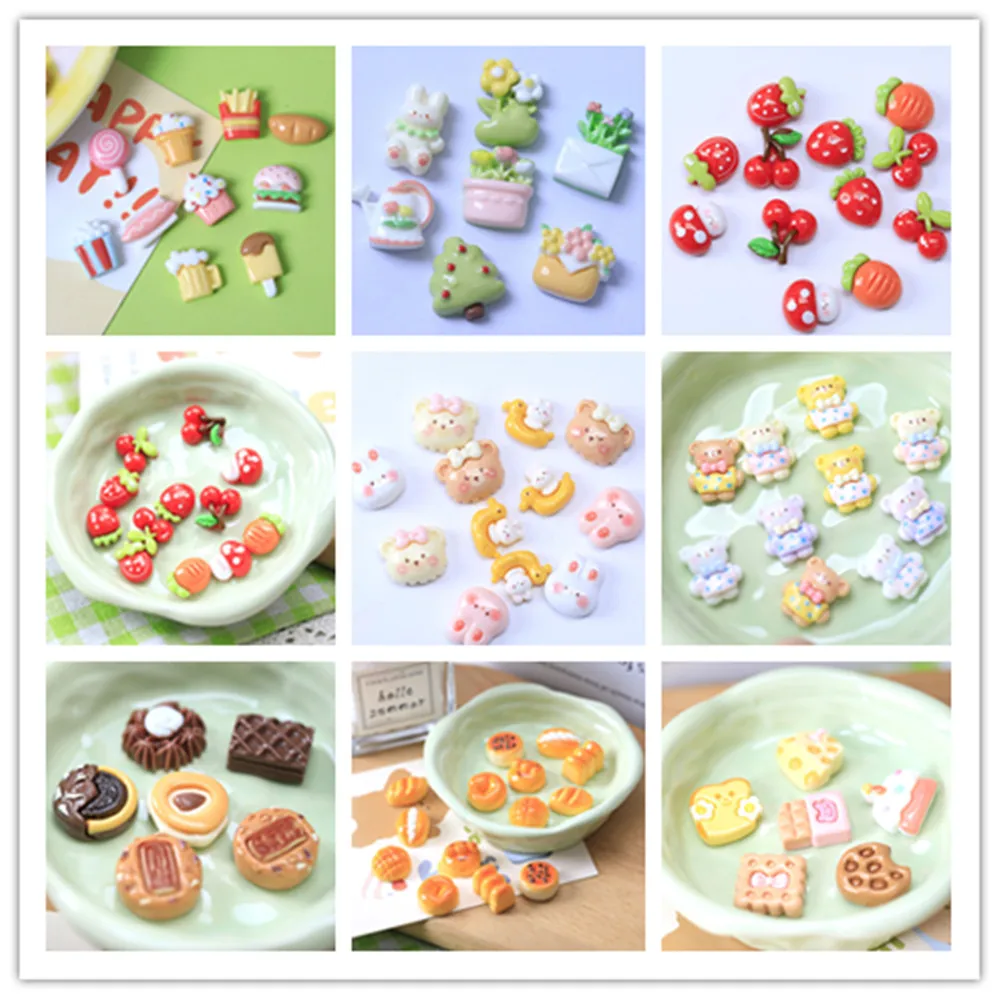 

Kawaii Simulation Mini Fruit Bread Flower Cartoon Animal Resin Flat Back Cabochon For DIY Scrapbooking False Nail Accessories