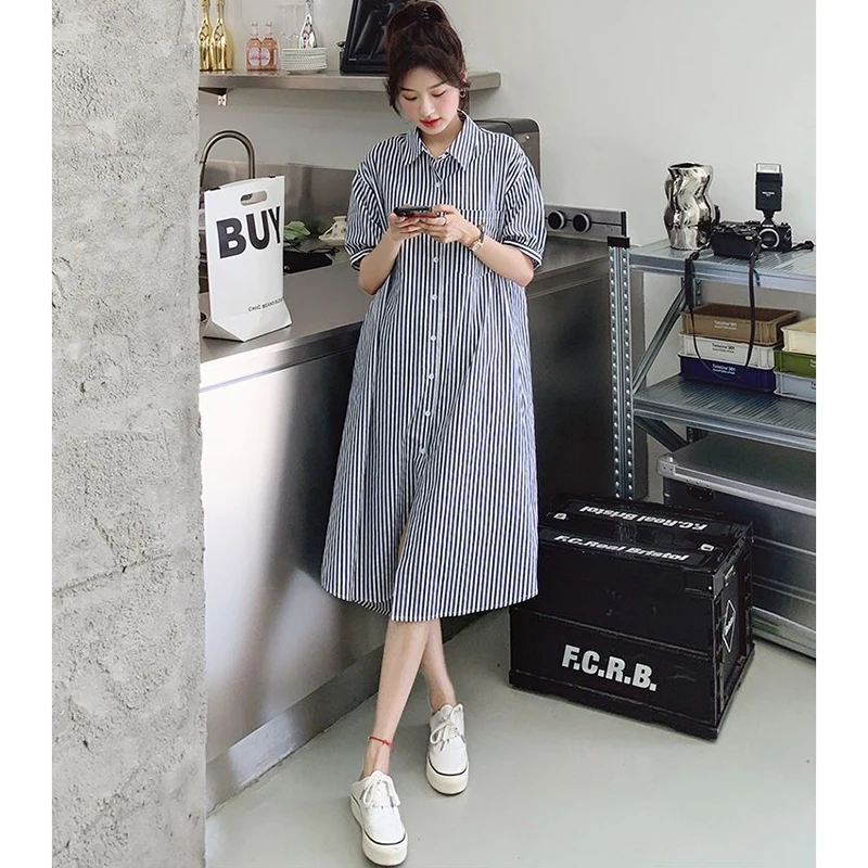 Fashion Lapel Button Pockets Loose Striped Casual Dresses Female Clothing 2024 Summer New Oversized Young Style Shirt Dress