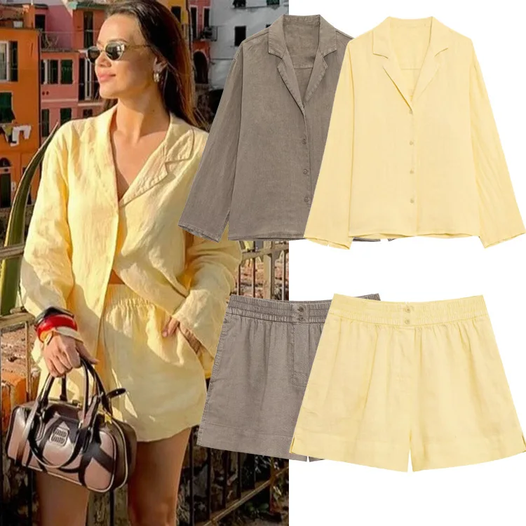 ชุดเซ็ตเสื้อเชิ้ตผ้าลินินแขนยาวปกเชิ้ตติดกระดุมแถวเดียวสำหรับผู้หญิงสไตล์ลำลอง + กางเกงขาสั้นเอวยางยืดมีกระเป๋า