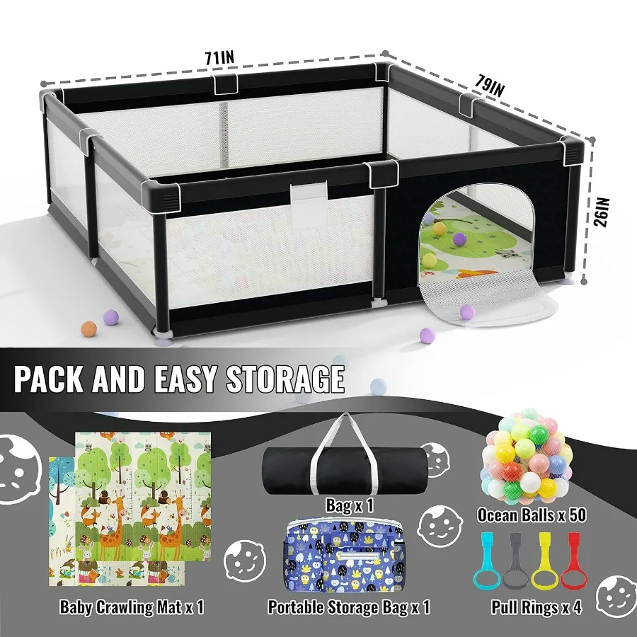 Extra Large 79 x 71 Baby Playpen with Mat Baby Gate Play Yard Portable Toddler Playpen Large Play Pen for Babies Mat Included P