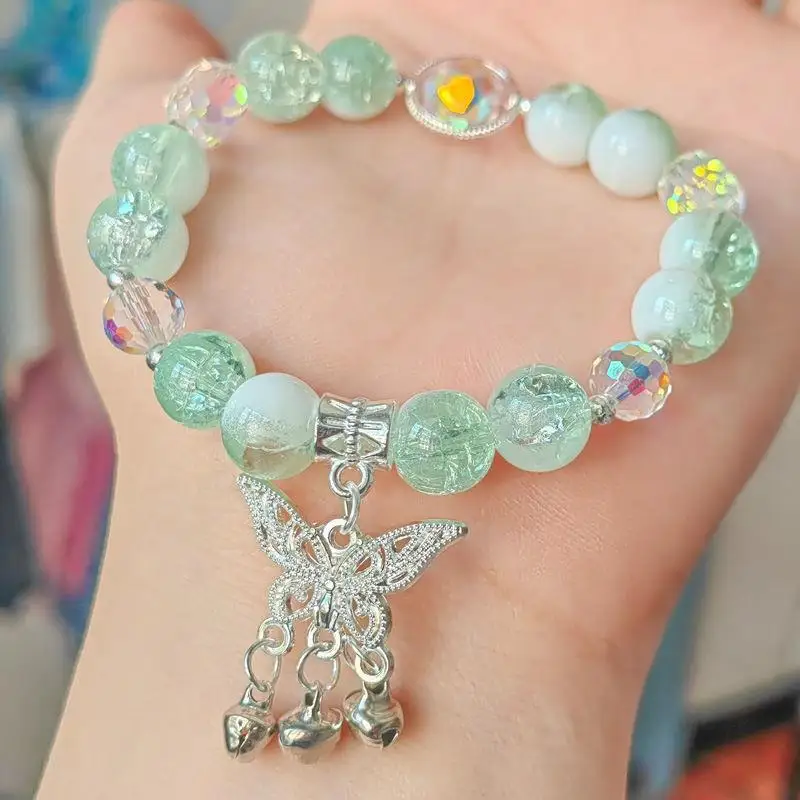 Lovely Women Hand Bracelets Butterfly Heart Bell Tassel Lock Ice Cracked Beaded Glass Beads Stretch Bangle Student Jewelry 1164 image 5